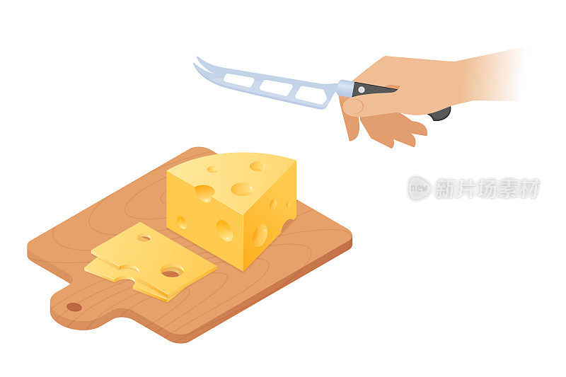 Flat isometric illustration of cutting board, peice of cheese, knife.